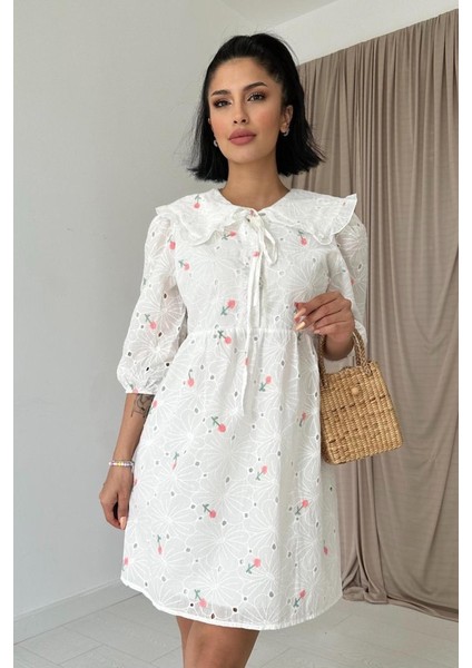 Pembe Bebe Yakalı Brode Elbise