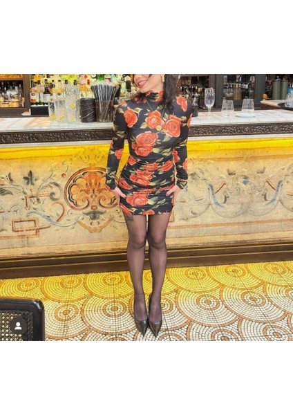 Kadın Balıkçı Yaka Gül Baskılı Fırsat Ürün Mini Elbise