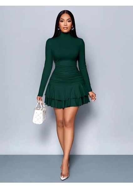 Kadın Uzun Kollu Balıkçı Yaka Mini Fırfırlı Sandy Elbise modelleri