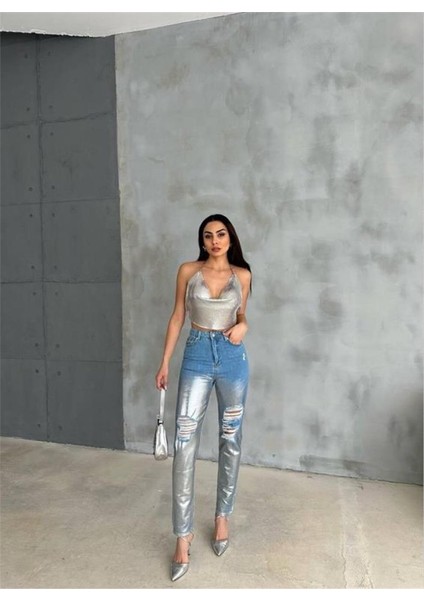 Diz Yırtık Varaklı Mom Kot Pantolon - Gümüş
