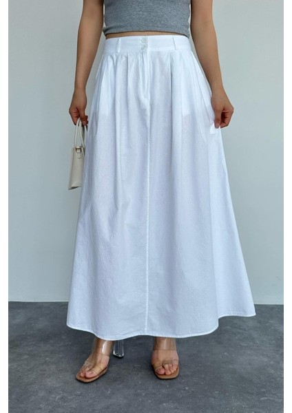 Ince Pileli Düz Etek - Beyaz