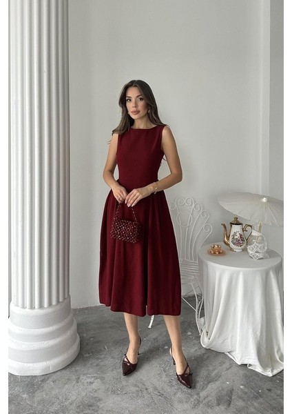 Bordo Yanları Büzgülü Midi Boy Keten Elbise