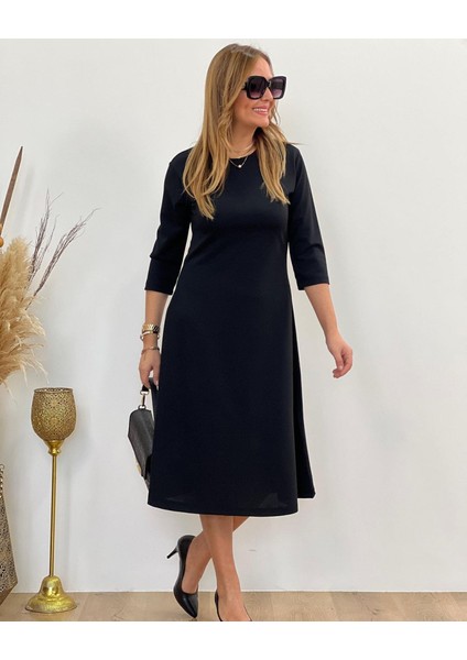 Kadın Uzun Truvakar Kol Bisiklet Yaka Midi Modal Elbise
