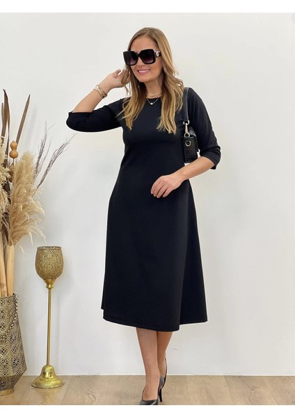 Kadın Uzun Truvakar Kol Bisiklet Yaka Midi Modal Elbise fırsatları