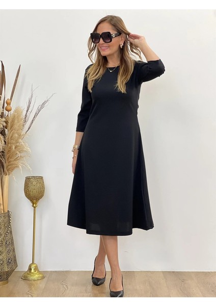 Kadın Uzun Truvakar Kol Bisiklet Yaka Midi Modal Elbise