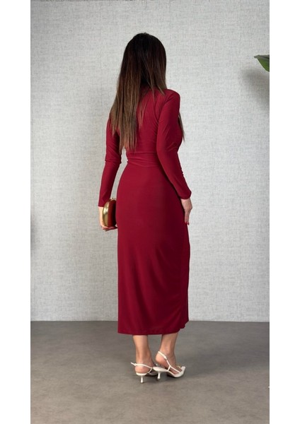 Kadın Balıkçı Yaka Toka Detay Sandy Kumaş Midi Boy Elbise indirimleri