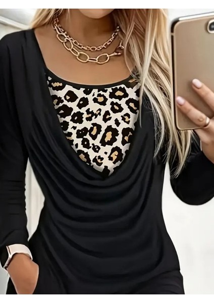 Kadın Uzun Kollu Degaje Yaka Leopar Detaylı Cepli Kısa Sandy Elbise