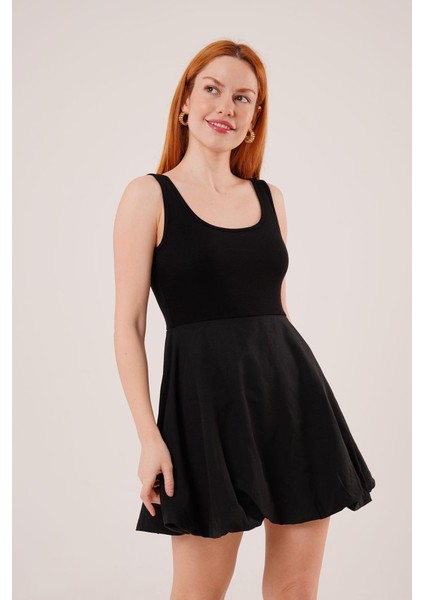 Kalın Askılı Balon Etek Siyah Mini Elbise