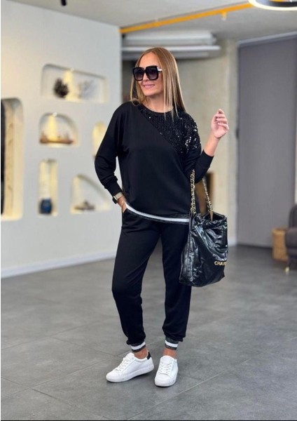 Kadın Modal Kumaş Payetli Sim ve Ribanalı Detay Ikili Takım