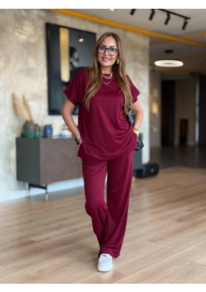 Kadın Kısa Kollu Bisiklet Yaka Viskon Iki Iplik Bluz ve Pantolon Ikili Takım