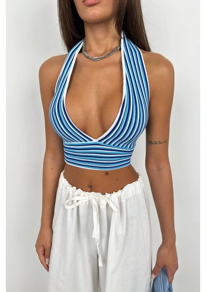 Çizgili Boyun Bağlamalı Crop