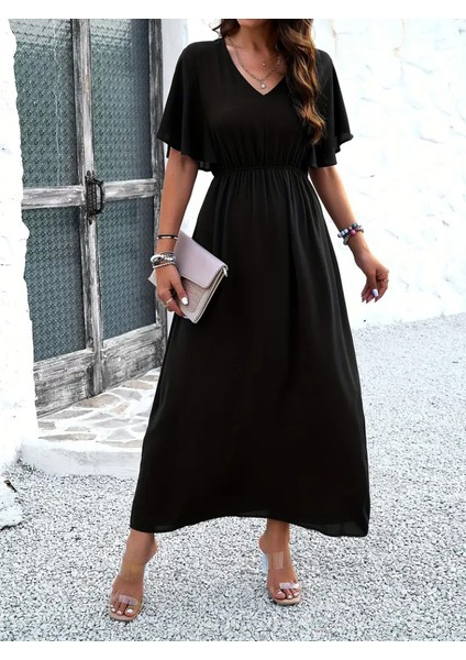 Kadın Kısa Kollu V Yakalı Beli Lastikli Uzun Viskon Elbise modelleri