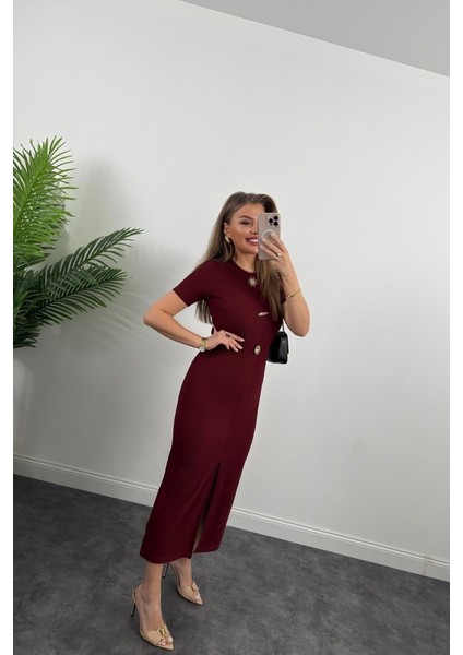 Kadın Ottoman Kumaş Likralı Düğme Tasarımlı Kısa Kol Kalem Elbise