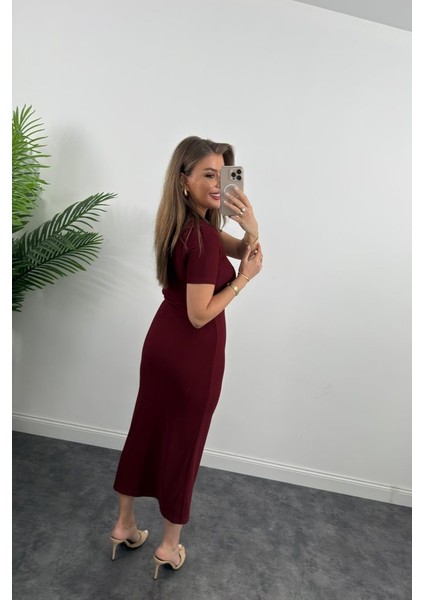 Kadın Ottoman Kumaş Likralı Düğme Tasarımlı Kısa Kol Kalem Elbise fırsatları