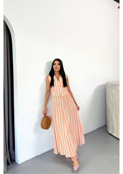 Keten Çizgili Yelek - Uzun Etek Takım - Orange