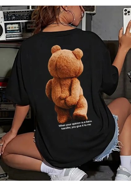 Baskılı Oversize Bisiklet Yaka T-Shirt - Siyah