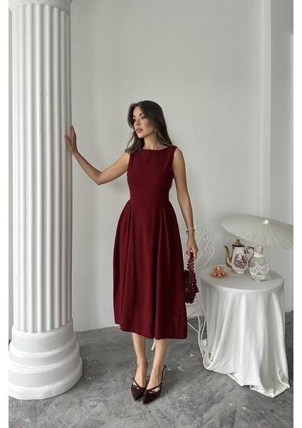 Bordo Yanları Büzgülü Midi Boy Keten Elbise modelleri