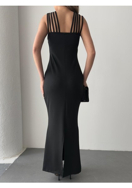 Kadın Omuz Çoklu Askılı Önü Taş Işlemeli Balık Kesim Janjan Krep Maxi Boy Elbise