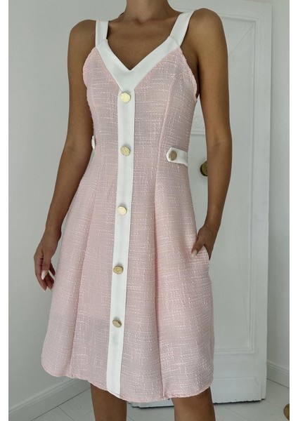 Pudra Ekru Süs Cepli Askılı Elbise modelleri