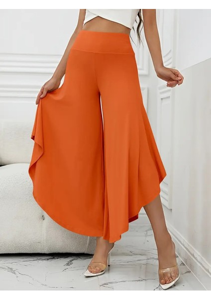 Kadın Yüksek Belli Geniş Paçalı Yanlardan Açık Sandy Pantolon