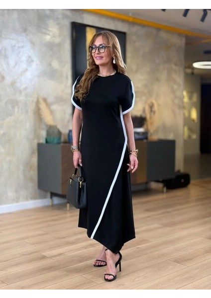 Kadın Kısa Kollu Bisiklet Yaka Çift Şerit Renk Detaylı Asimetrik Kesim Viskon Iki Iplik Elbise fiyatları