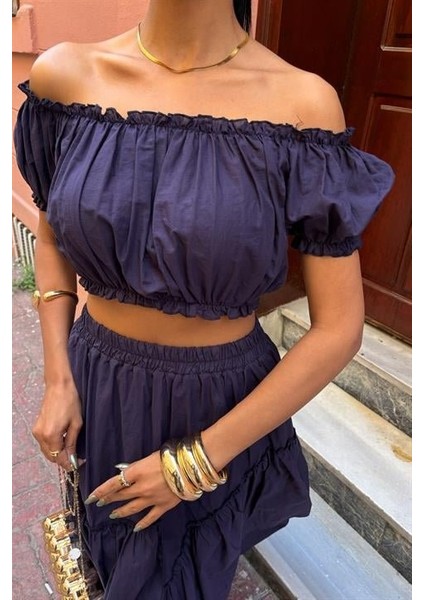 Büzgülü Crop Kat Detaylı Fırfır Etekli Takım 10196