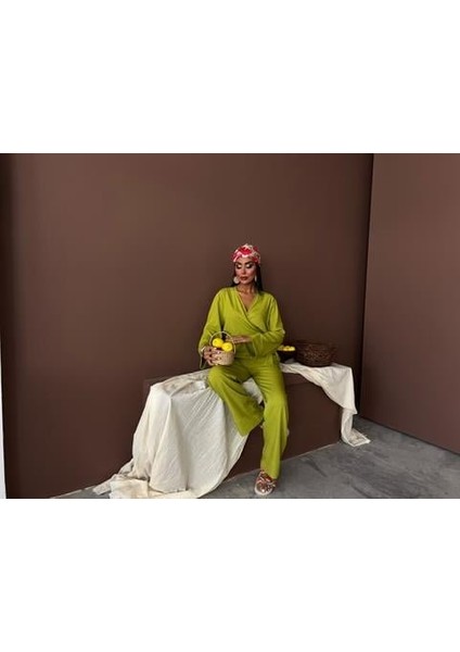 Kruvaze Model Klasik Pantolonlu Çupra Keten Takım 10191