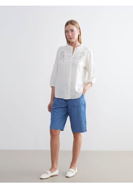 Yeni Sezon Beli Lastikli Bermuda Fit Kadın Jean Şort