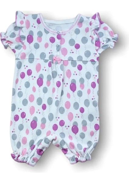 9-12 12-18 18-24 Ay Cemre Uçan Balon Baskılı Kısa Kollu Kız Bebek Tulumu Ekru