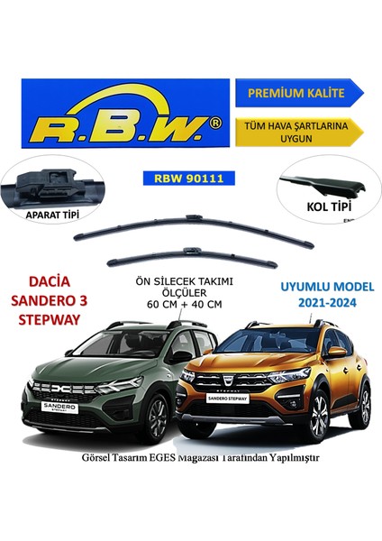 Dacia Sandero Stepway 3 (2021-2024) Ön Silecek Süpürgesi 600MM + 400MM