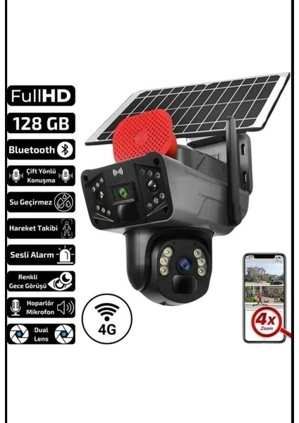 3815 4g Sim Kartlı Solar Siren + Çift Yön Ses + Işık IP66 KAMERA6MP 2 Lens 3 Görüntü
