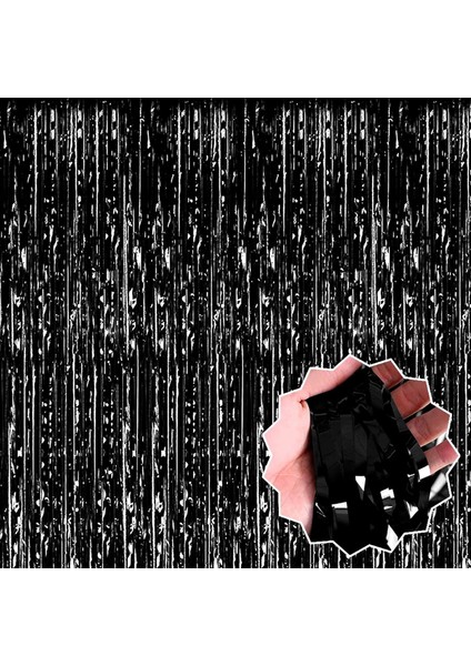 Siyah Renk Ekstra Metalize Parlak Saçaklı Arka Fon Perde Ithal A Kaalite 1x2 Metre (4887) modelleri