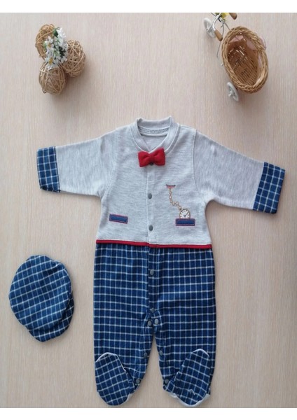 0-3 3-6 Ay Cep Saatli Kasketli Papyonlu Erkek Bebek Tulum Lacivert