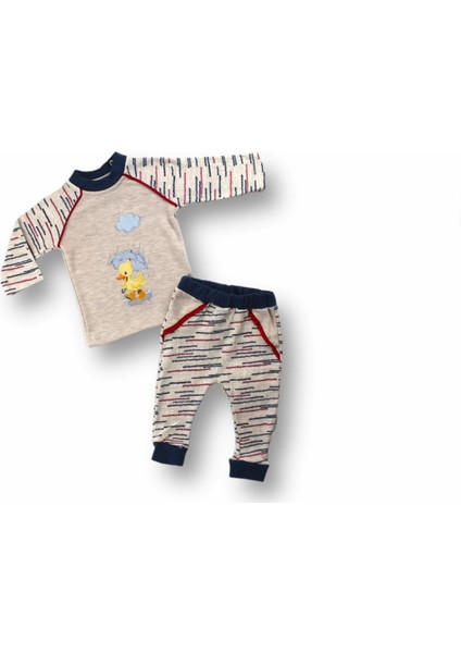 0-3 3-6 6-9 Ay Şemsiyeli Ördek Nakışlı Uzun Kollu Sweatli 2li Kız-Erkek Bebek Takımı Mavi