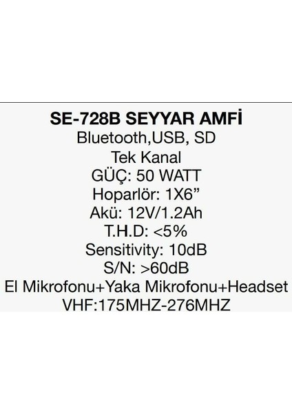 SE-728-BT-USB Tek Kanal 1 El 1 Yaka+Kafa Seçeneği 50 Watt Şarjlı Seyyar Anfi fiyatları