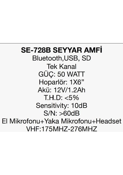 SE-728-BT-USB Tek Kanal 1 El 1 Yaka+Kafa Seçeneği 50 Watt Şarjlı Seyyar Anfi fırsatları