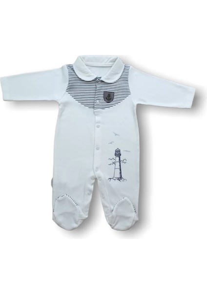 3-6 6-9 Ay Deniz Feneri Nakışlı Patikli Uzun Kollu Erkek Bebek Tulumu Ekru