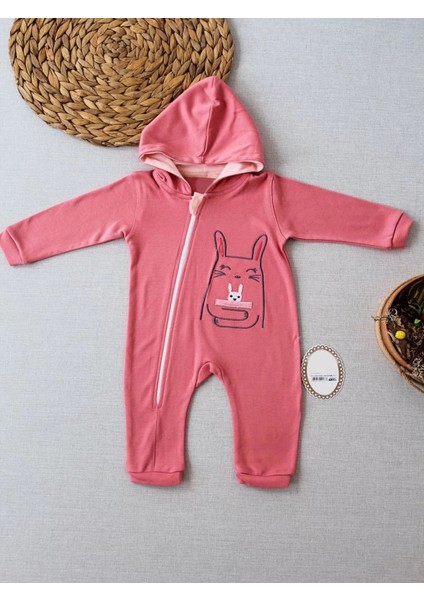 6-9 9-12 Ay Ef Çizgi Boy Fermuarlı Tavşan Nakışlı Kapşonlu Kız Erkek Bebek Tulumu Gül Kurusu