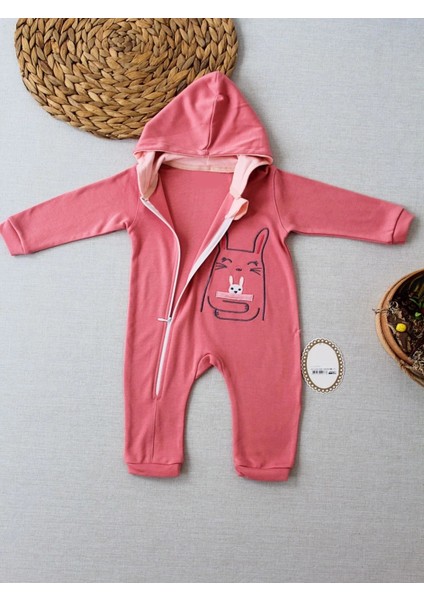 6-9 9-12 Ay Ef Çizgi Boy Fermuarlı Tavşan Nakışlı Kapşonlu Kız Erkek Bebek Tulumu Gül Kurusu fiyatları