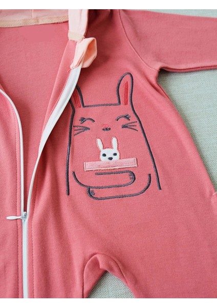 6-9 9-12 Ay Ef Çizgi Boy Fermuarlı Tavşan Nakışlı Kapşonlu Kız Erkek Bebek Tulumu Gül Kurusu modelleri