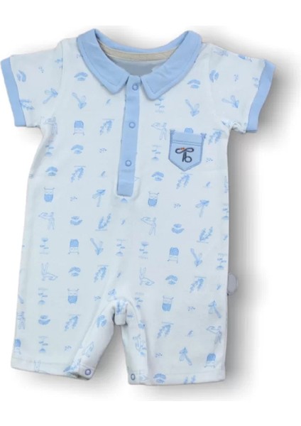 6-9 9-12 12-18 Ay Galaksi Baskılı Çıtçıtlı Kısa Kollu Erkek Bebek Tulumu Mavi