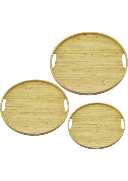 Yuvarlak - 3 Boy Bambu Ahşap Tepsi Seti 30--35--38CM (4887)