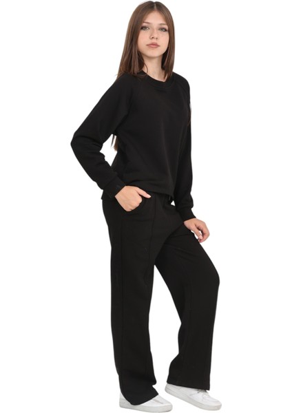 Kız Çocuk Palazzo Pantolon Beli Lastikli 3 Iplik Pamuklu Reglan Kol Günlük-Okul Eşofman Takımı