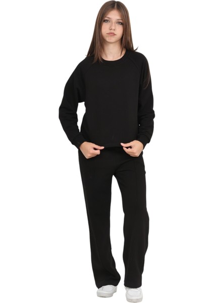 Kız Çocuk Palazzo Pantolon Beli Lastikli 3 Iplik Pamuklu Reglan Kol Günlük-Okul Eşofman Takımı modelleri