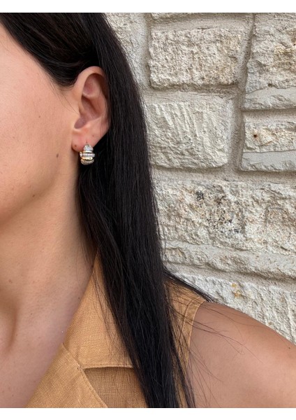 Xuping 14K Zirkon Taşlı Çizgili Bombe Gold Küpe