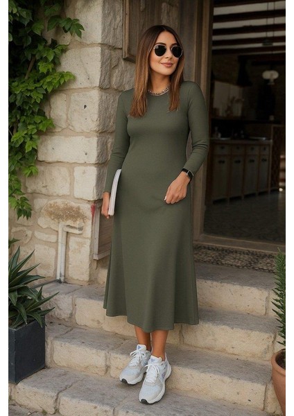 Kadın Uzun Kollu Bisiklet Yaka Arkası Çapraz Detaylı Viskon Iki Iplik Maxi Elbise modelleri