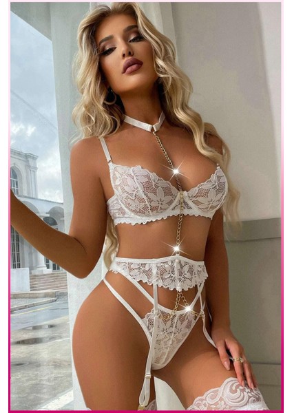 Ekru Göğüs Balenli Dantelli Zincir Detaylı Seksi Jartiyer Takım indirimleri