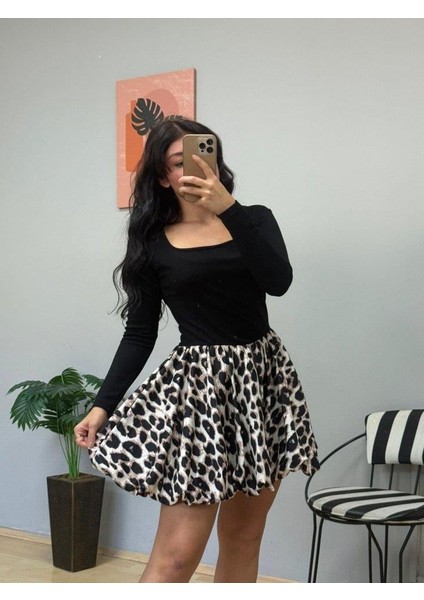 Kadın Uzun Kollu Kare Yaka Mini Balon Modal Elbise fırsatları
