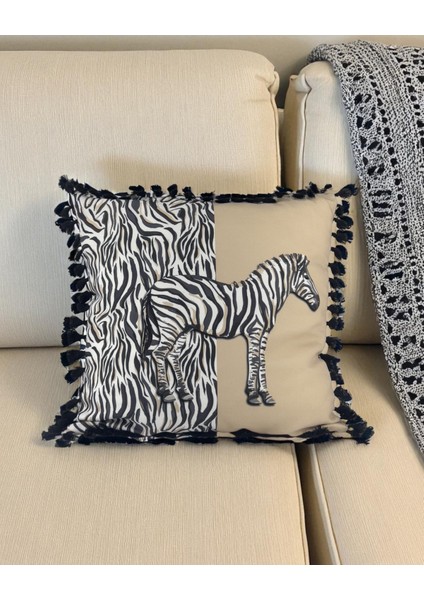 Safari Serisi Zebra Echo Püsküllü Kırlent Kılıfı 42X42 cm | Çift Taraflı Zebra Desenli Dekoratif Yastık modelleri