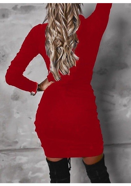 Kadın Uzun Kollu V Yaka Önden Yırtmaç Büzgü Detay Kaşkorse Mini Boy Elbise modelleri
